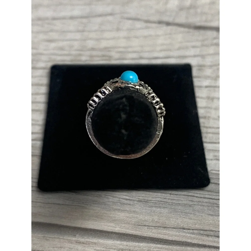 Boho Silver Tone Turquoise Cabochon Scrollwork Statement Ring Size 6.5